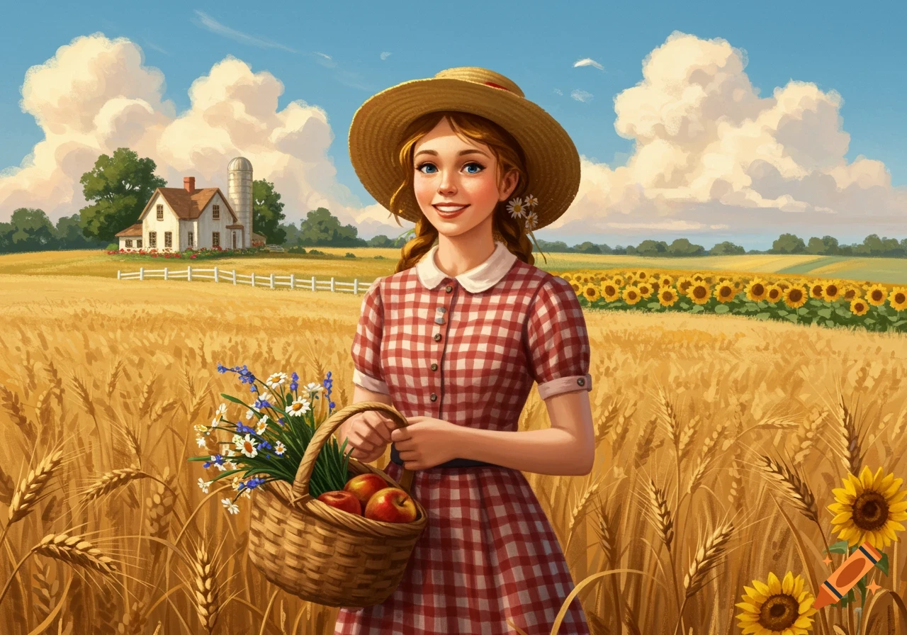 A young woman in a straw hat and red checkered dress holds a basket of apples and flowers in a golden wheat field with a farmhouse.