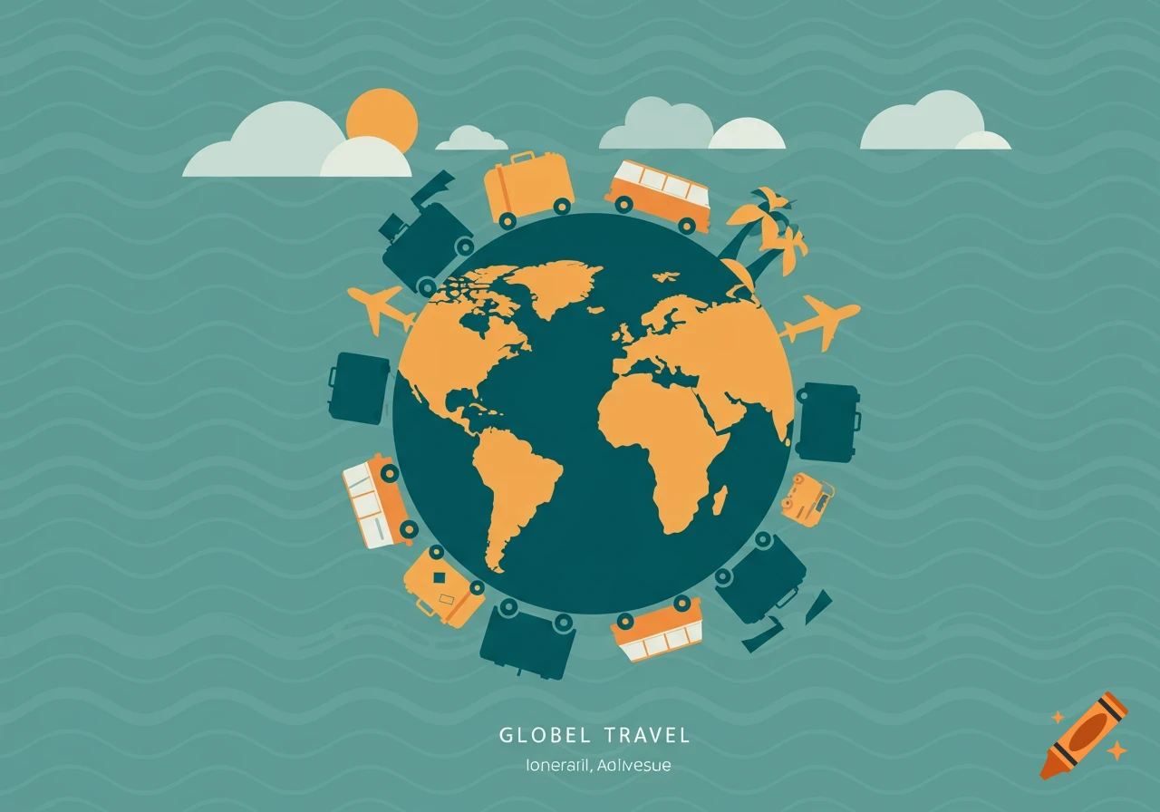 A flat illustration of a stylized globe with travel icons like suitcases, buses, and airplanes revolving around it, under a sun and clouds.