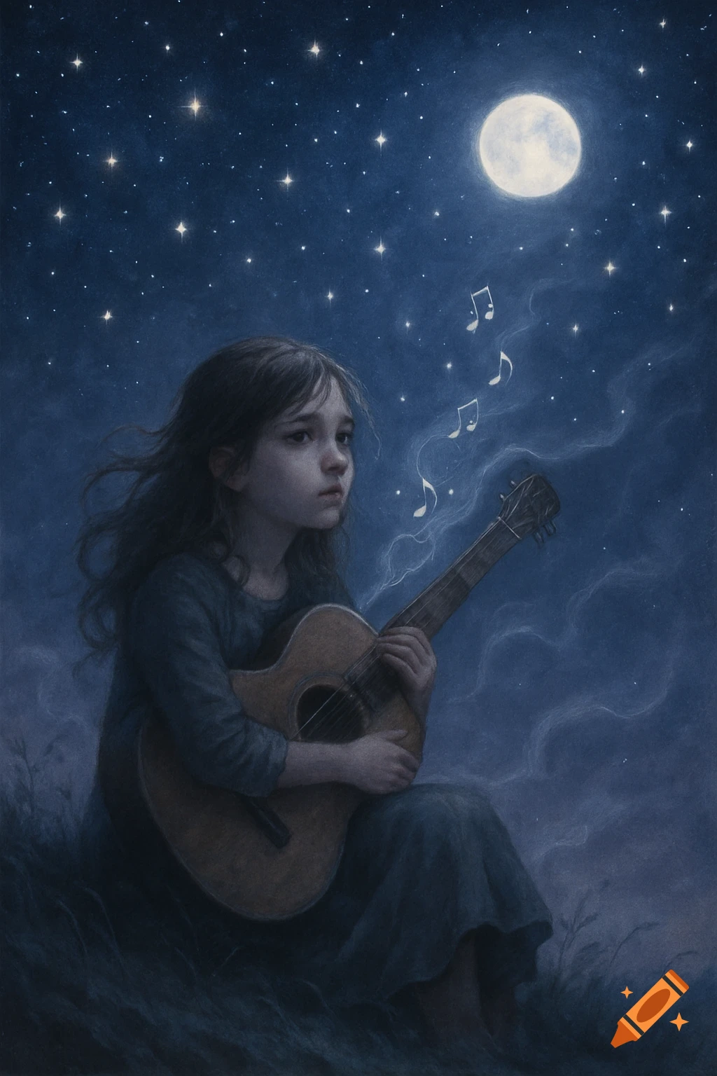 A young girl sits under a starry night sky with a full moon, holding an acoustic guitar as musical notes float upwards. Painterly style.