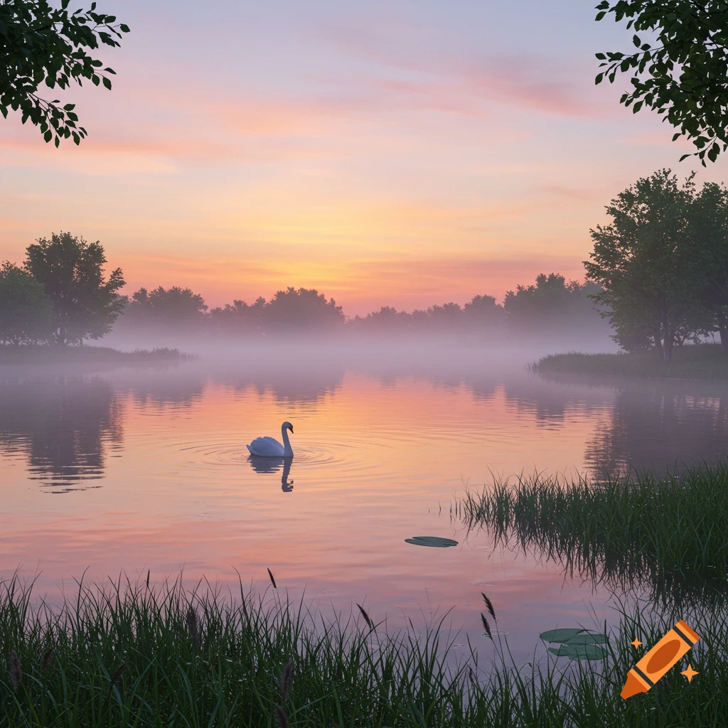 A serene swan glides on a misty lake reflecting a colorful sunset or sunrise sky, surrounded by trees and tall grass.