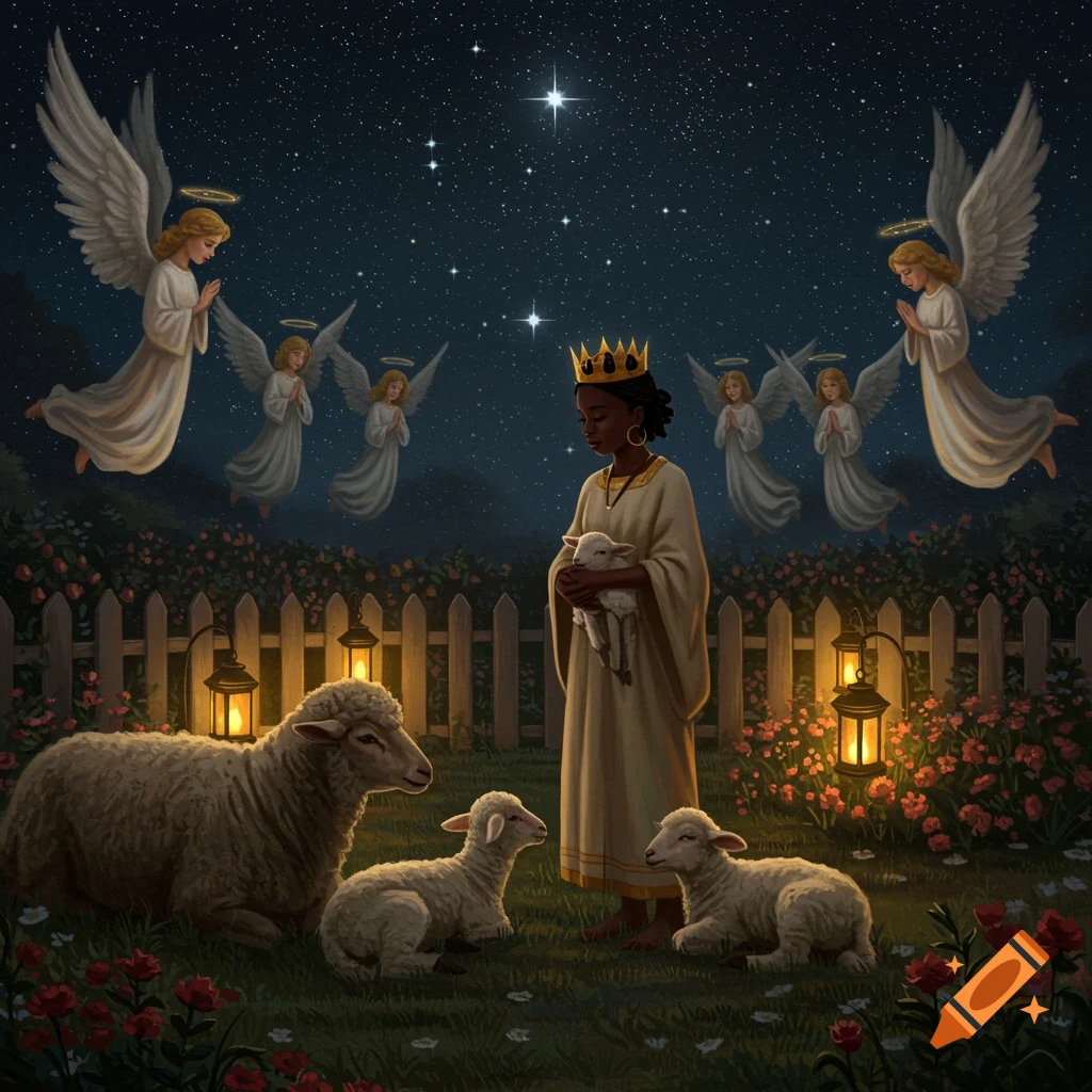 A queen holds a lamb while other lambs rest in a fenced garden at night, with praying angels floating under a starry sky.