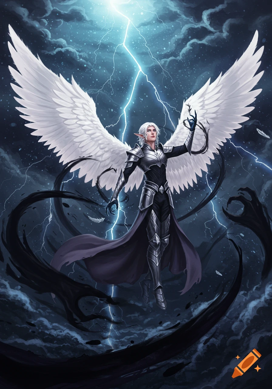 An anime-style fantasy character with white wings and silver armor, surrounded by dark wisps and lightning in a stormy sky.