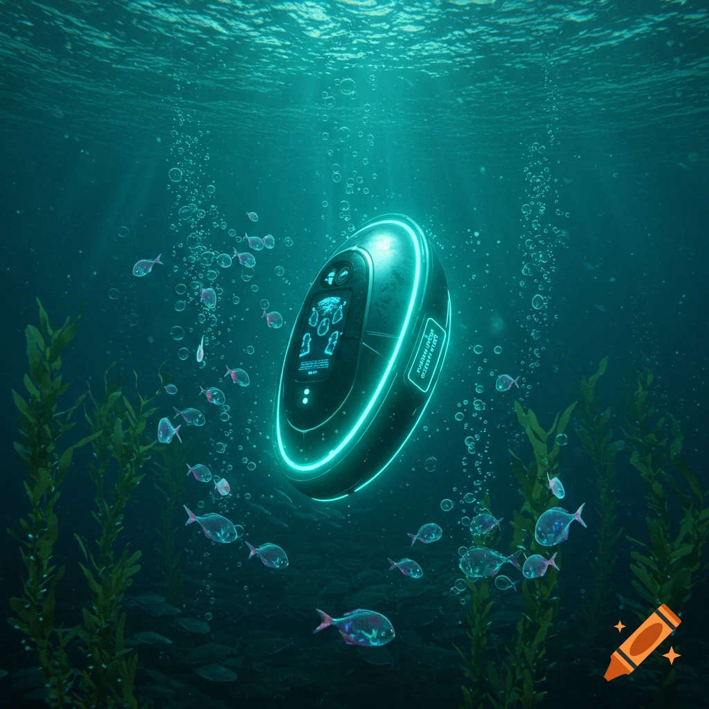 A glowing, futuristic pod floats underwater amidst translucent fish, seaweed, and bubbles, with light rays filtering from the surface.