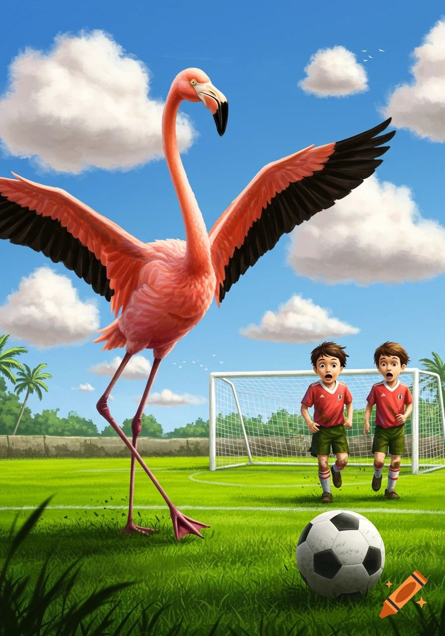 A giant flamingo with wings spread stands over a soccer ball on a green field as two boys look surprised. A soccer goal is in the background.