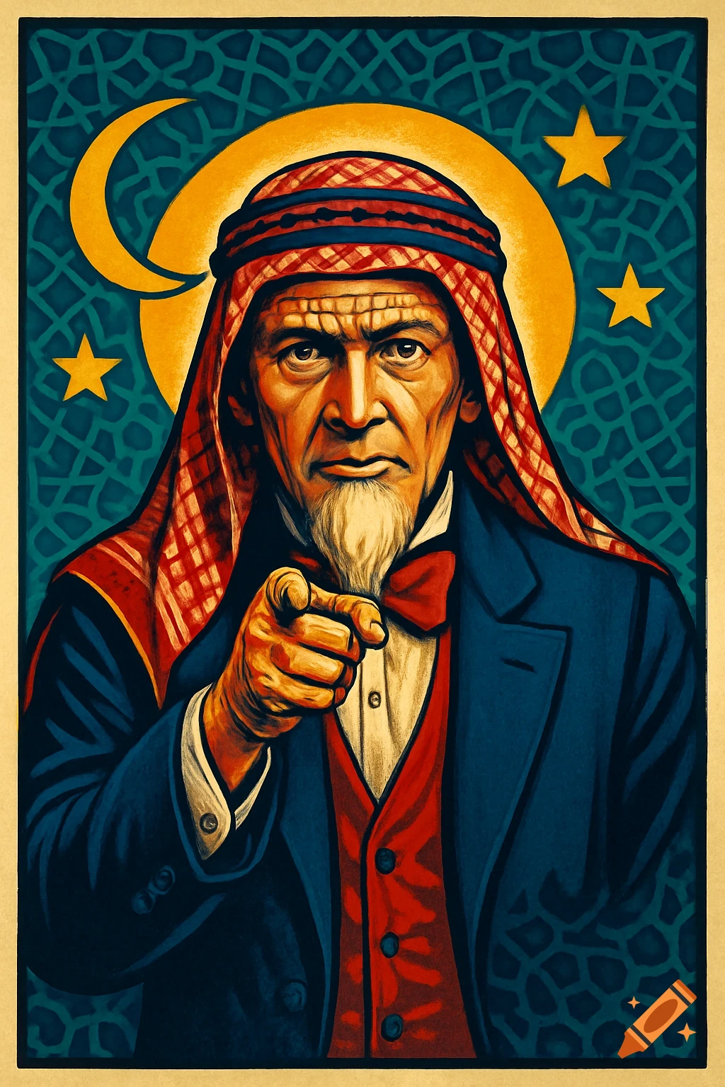 Stylized portrait of an older man resembling Uncle Sam in a keffiyeh, pointing forward, with a crescent moon and stars.