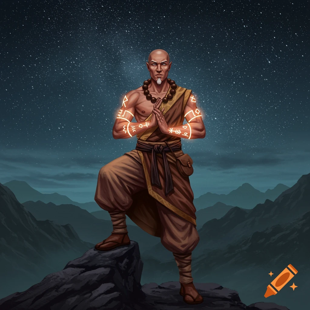 A bald male monk in brown robes stands on a mountain peak at night, with glowing runes on his forearms and hands clasped in prayer.