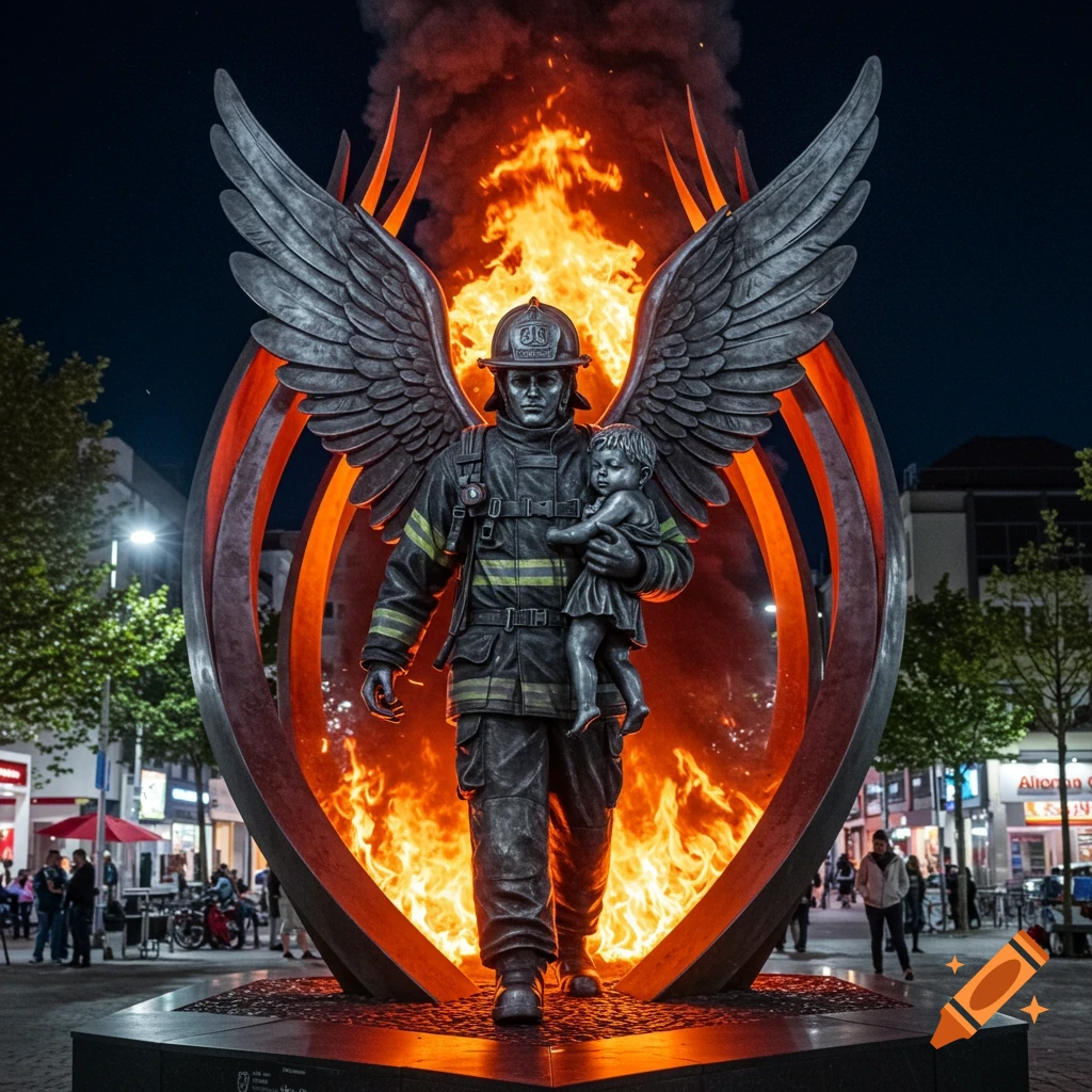 A dramatic, photorealistic statue of a firefighter with large metal wings, holding a child. They stand in front of glowing orange and red abstract flames, in a city square at night.