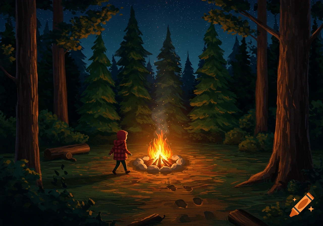 A child in a red plaid jacket walks towards a campfire in a dark forest under a starry night sky. Illustrated style.