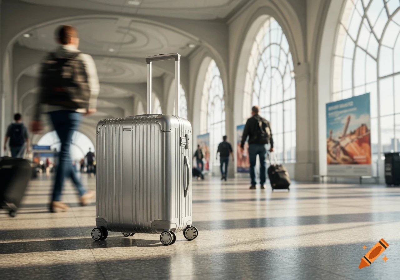 A close-up of a silver rolling suitcase on the floor of a brightly lit airport terminal, with blurred travelers walking in the background.