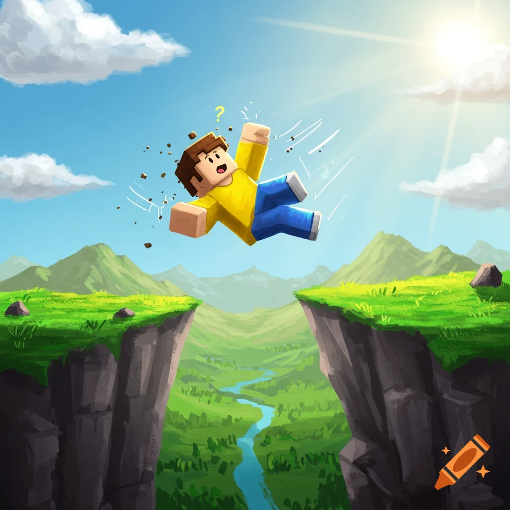A blocky character in a yellow shirt and blue pants falls between two cliffs in a vibrant cartoonish landscape, like a Minecraft game.