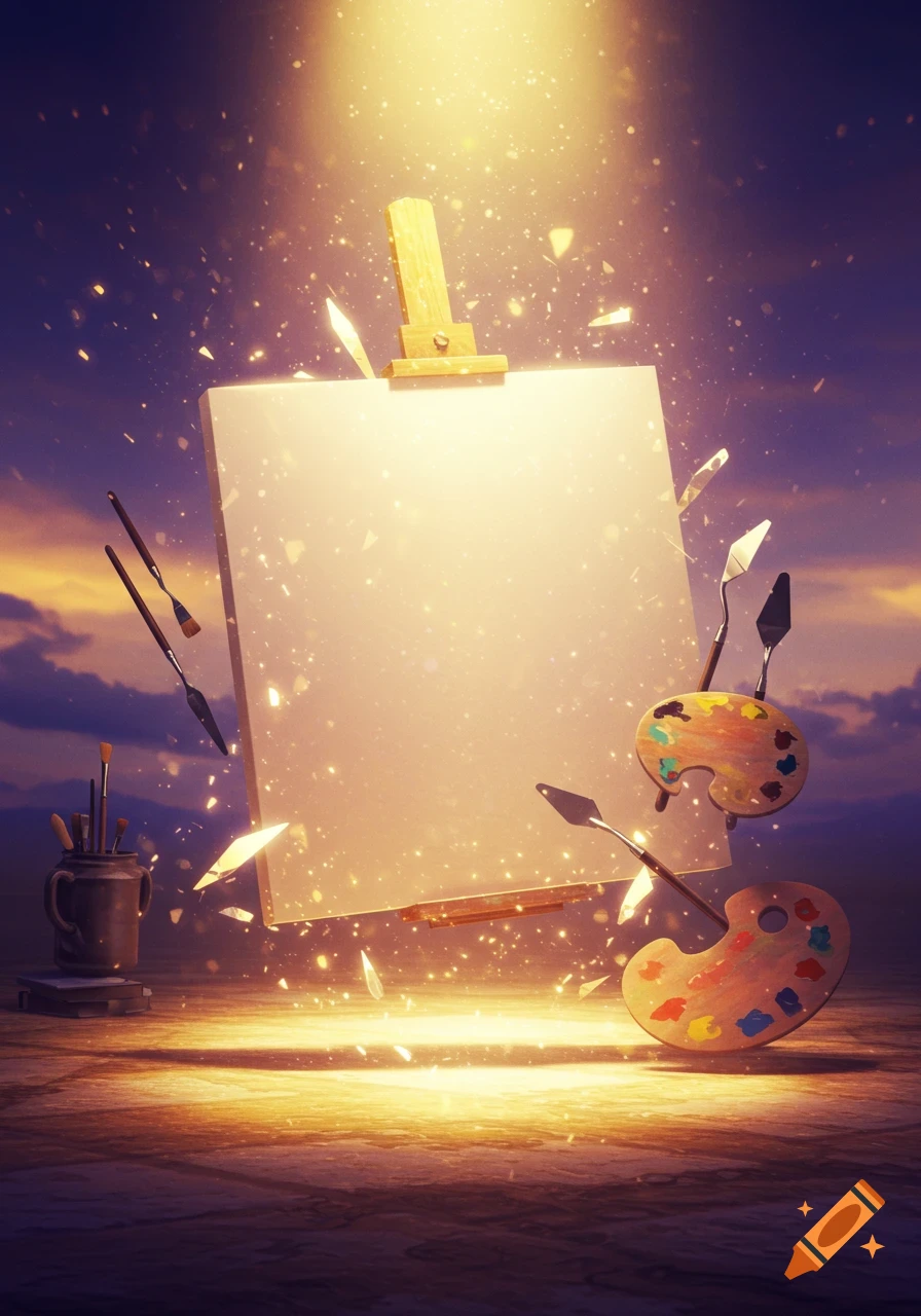 A blank easel and floating art supplies glow under a spotlight, surrounded by shimmering light and fragments.