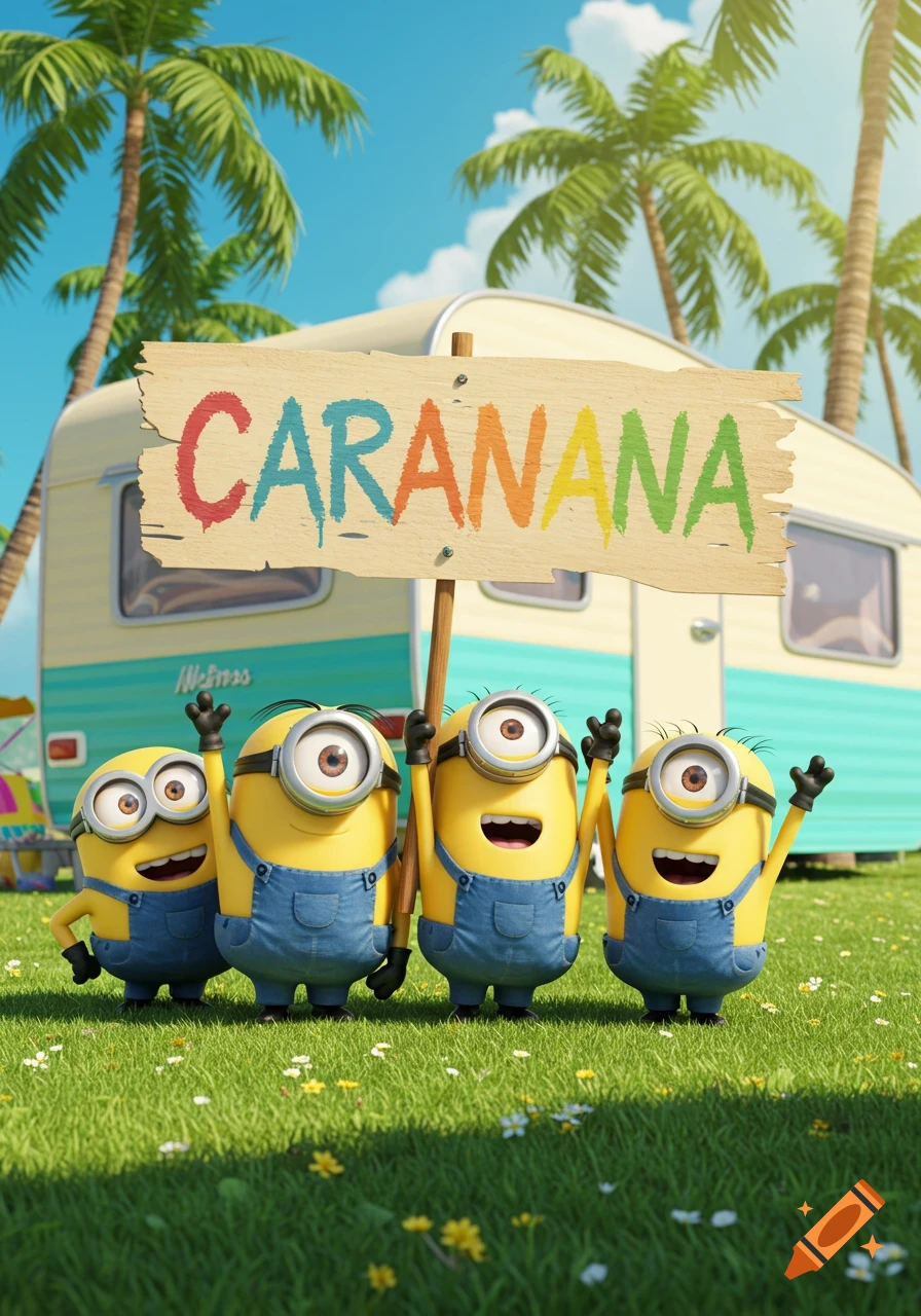 Four yellow Minions in overalls wave while holding a wooden sign that says 'CARANANA', with a caravan and palm trees in the background on a sunny day.