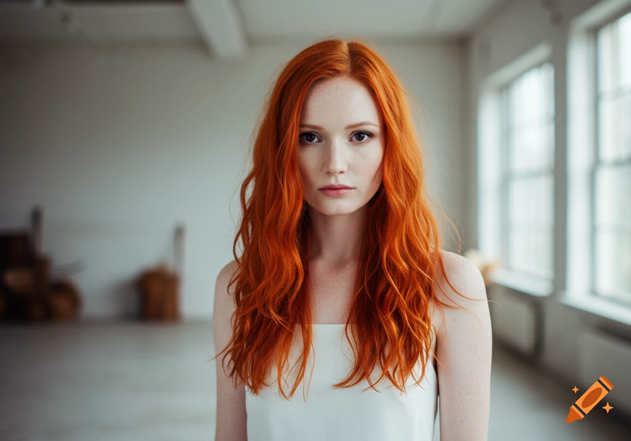 A photorealistic portrait of a young woman with long wavy red hair and freckles, looking directly at the viewer indoors.