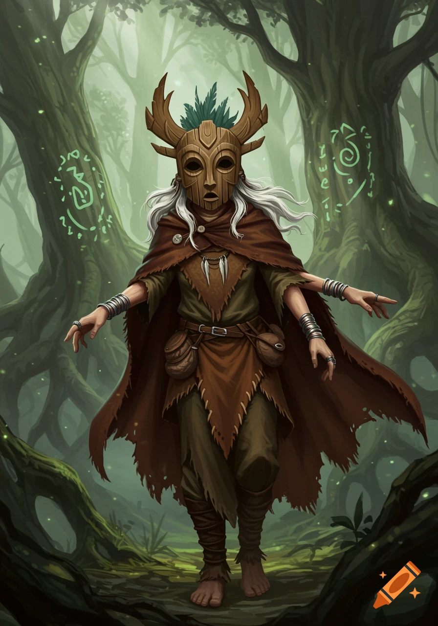 A masked figure with white hair and a wooden mask with antlers stands in a mystical forest with glowing runes on trees.