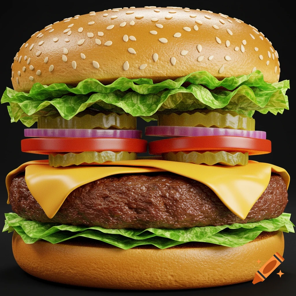A hyper-realistic cheeseburger with lettuce, tomato, onions, pickles, cheese, and a sesame seed bun, against a dark background.