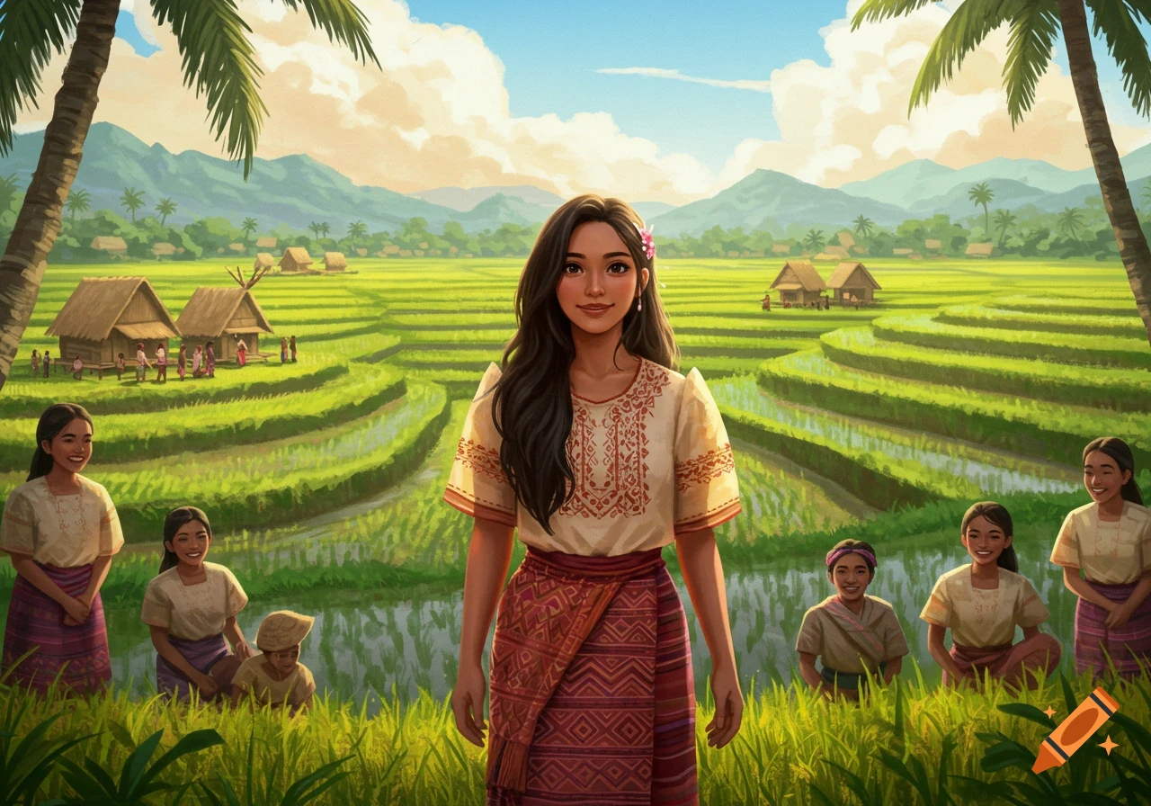 A digital illustration of a young Filipina woman in traditional attire standing in lush green rice fields with villagers and huts in the background.