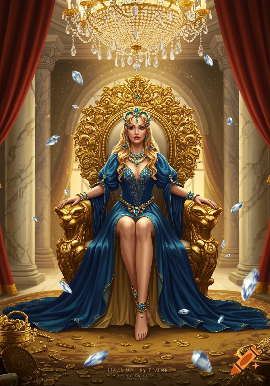 A beautiful queen in a blue gown and gold jewelry sits on an ornate golden throne amidst scattered coins and diamonds in a lavish room.