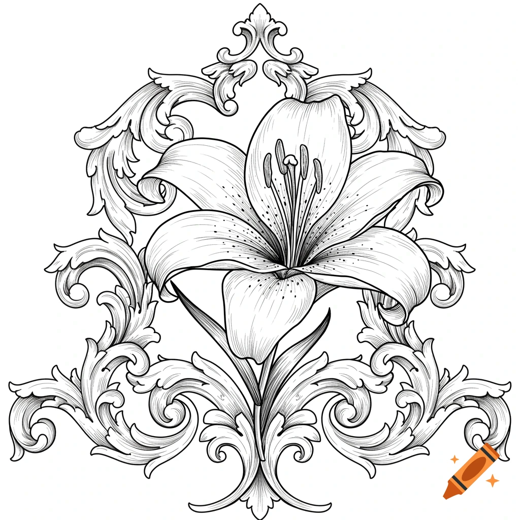 Black and white line art illustration of a lily flower surrounded by elaborate baroque ornamental scrolls.