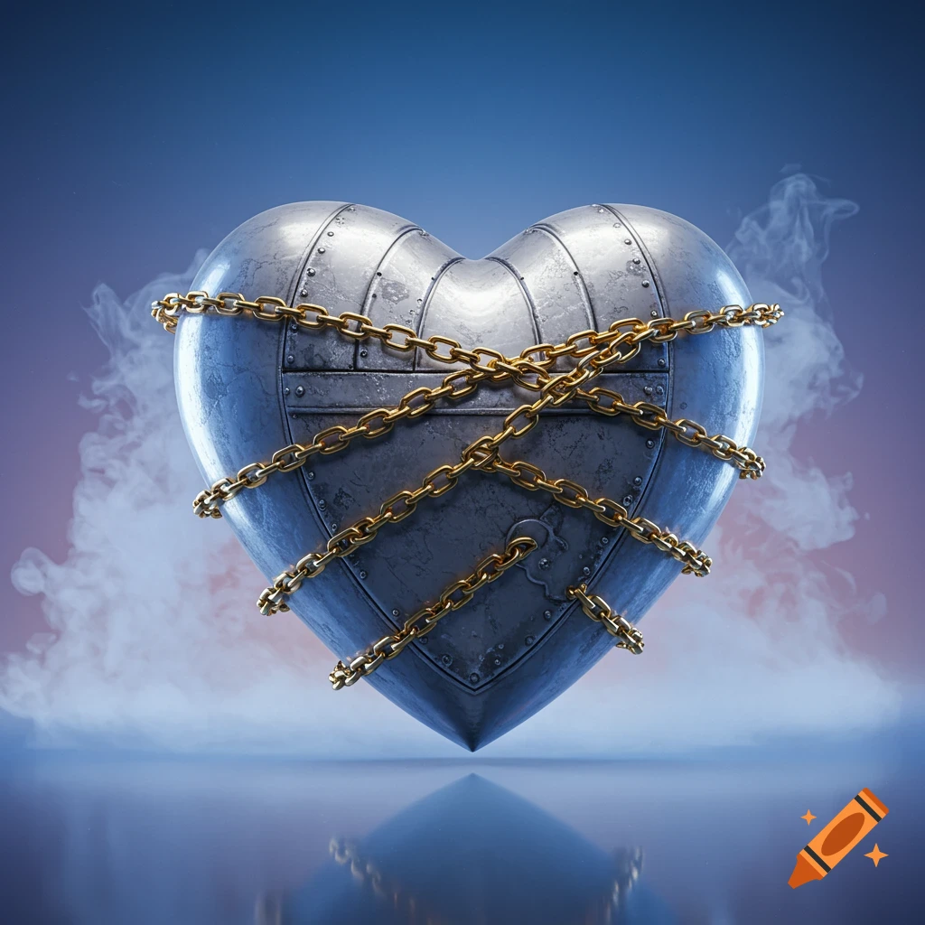 A photorealistic metallic heart, detailed with rivets and seams, tightly bound by golden chains, against a smoky blue-purple background.