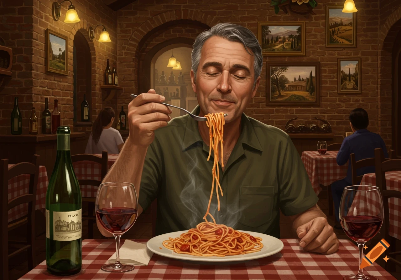 A man with closed eyes blissfully eats a forkful of spaghetti in an Italian restaurant, with a bottle of wine and glasses on the red checkered table.
