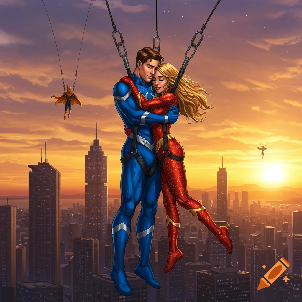 Illustrated image of a man and woman in superhero costumes hugging while suspended by harnesses high above a city at sunset.