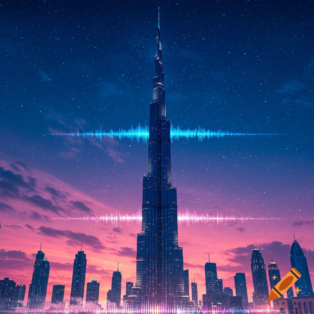 Burj Khalifa and Dubai skyline at twilight with purple and blue sky and glowing sound wave patterns.