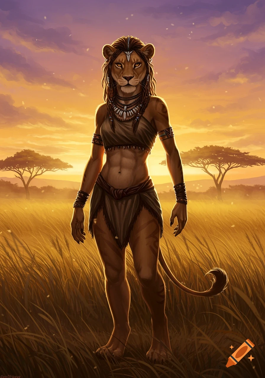 A humanoid lioness in tribal attire stands in a golden savanna at sunset.