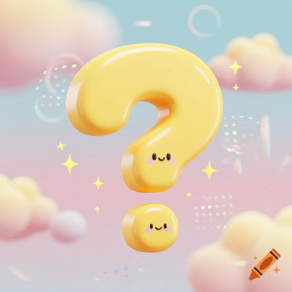 A cute, cartoon yellow question mark with a smiling face floating in a pastel pink and blue sky with clouds and sparkles.