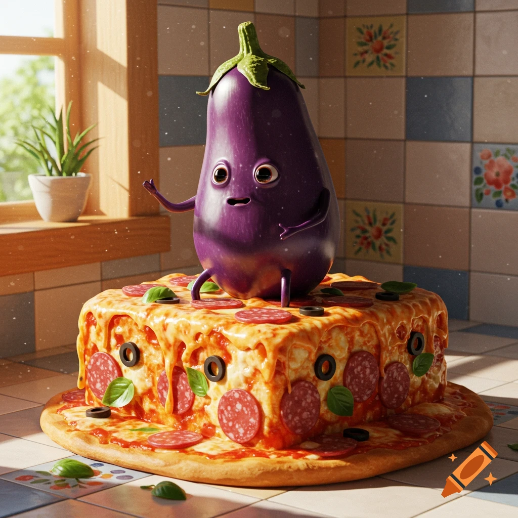 A whimsical sentient eggplant character stands on a block-shaped pizza in a bright kitchen.