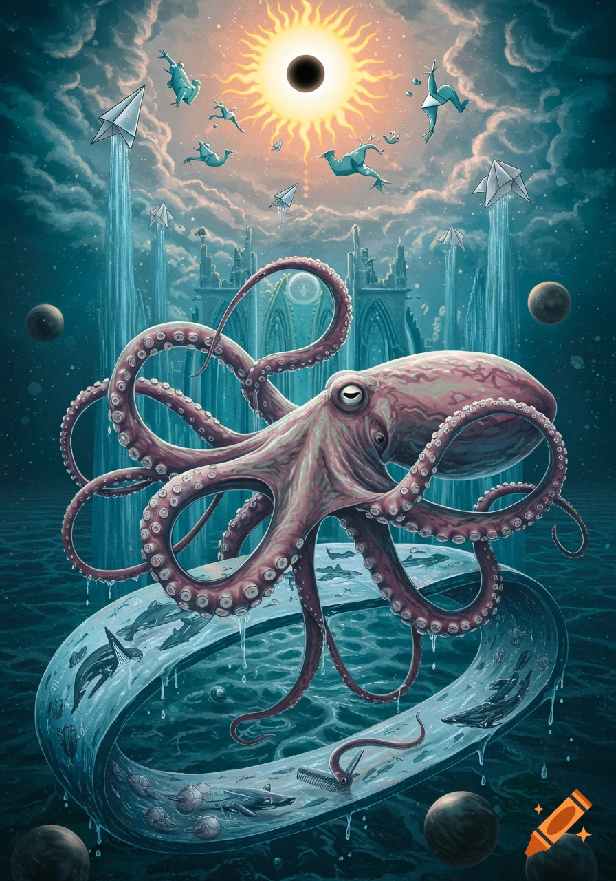 A large pink octopus floats above a swirling Mobius strip in a surreal, vibrant scene with abstract gothic structures, planets, and a sun eclipse with origami frogs.