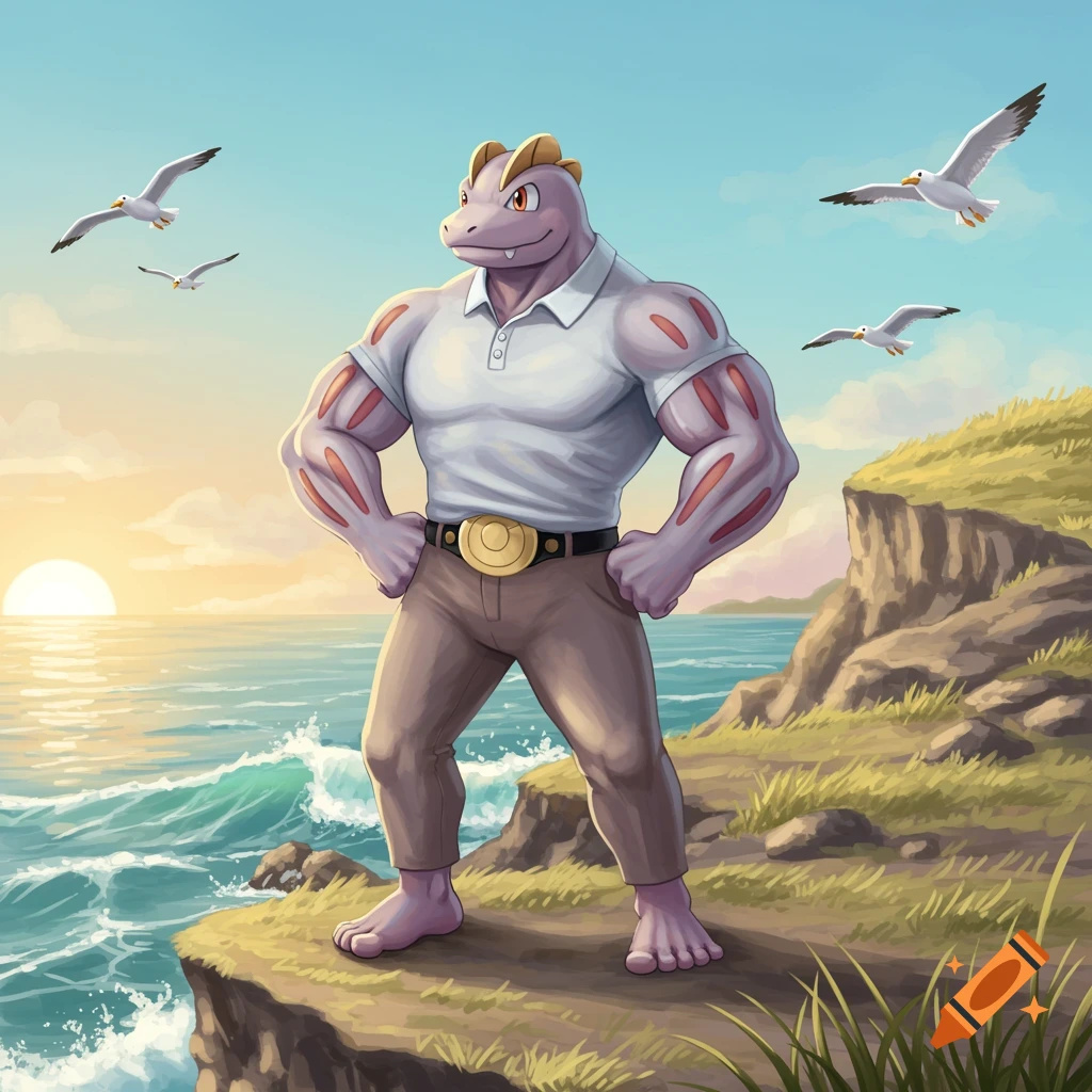 Machoke in a white polo and brown pants stands on a cliff overlooking the ocean at sunset, with seagulls flying.