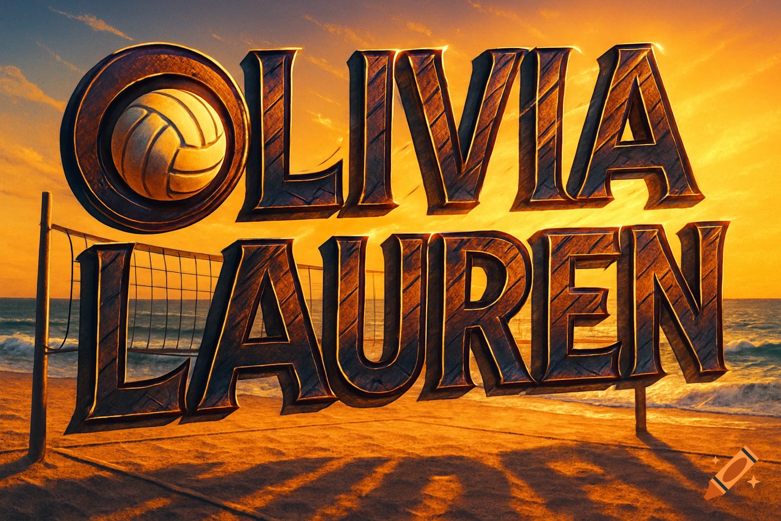 3D stylized text 'OLIVIA LAUREN' on a beach at sunset, with a volleyball net and a volleyball.