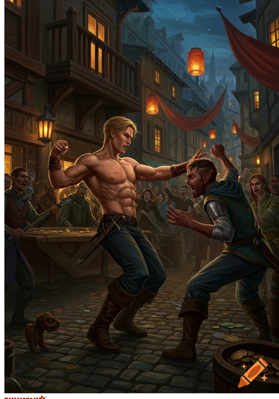 A fantasy illustration of a street fight at night, with an athletic blonde elf brawling with another man, surrounded by cheering onlookers and spilled gold coins.