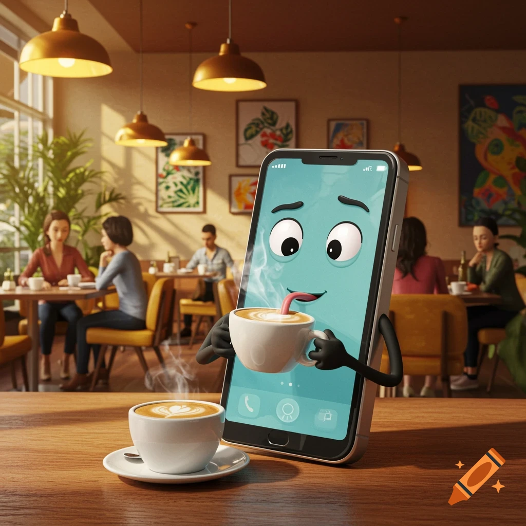 An anthropomorphic smartphone with a face and arms sips coffee from a mug, sitting on a wooden table in a cafe.