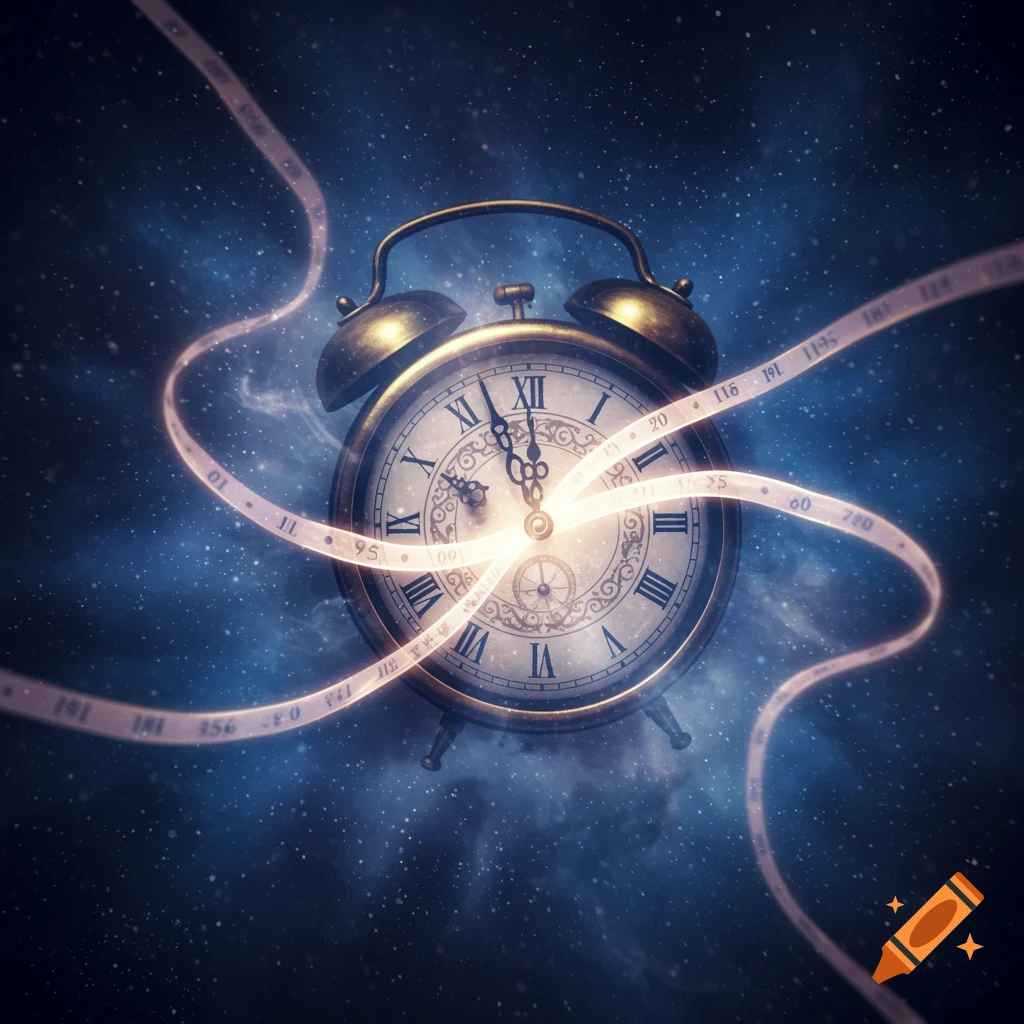An antique alarm clock with glowing light trails and numbers swirling around it against a starry cosmic background.