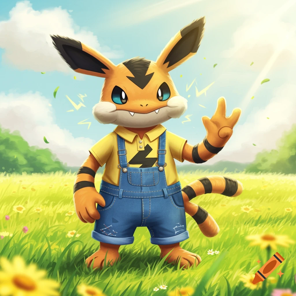 A cute, cartoonish Electabuzz from Pokemon waves in a sunny field, wearing a yellow polo shirt and denim overalls.