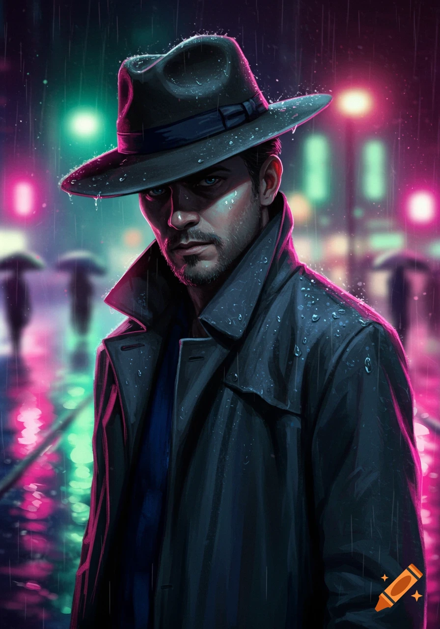 A man in a fedora and trench coat stands in the rain in a neon-lit city. He looks directly at the viewer with blue eyes.