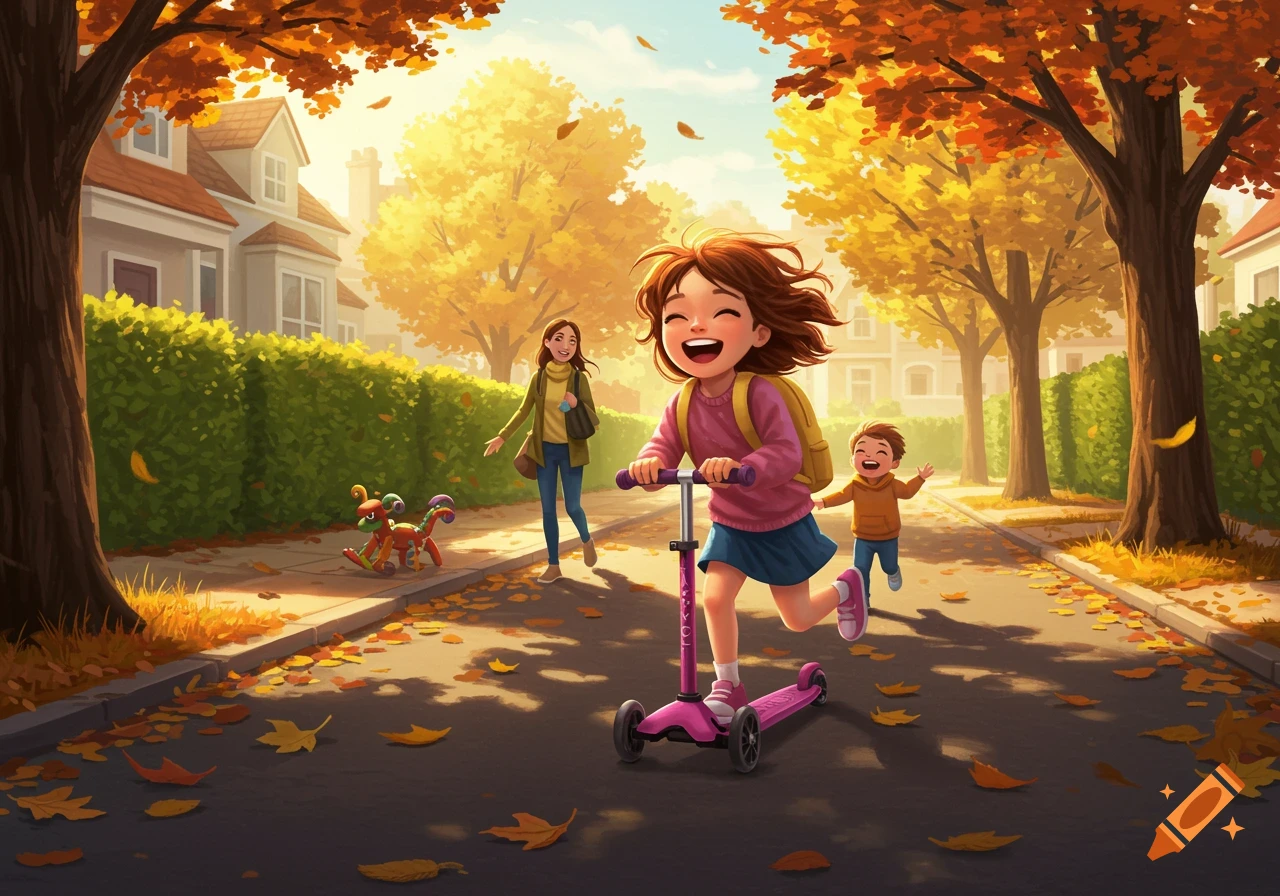 A cheerful cartoon girl rides a pink scooter on an autumn street, with her mother and brother walking behind among falling leaves.