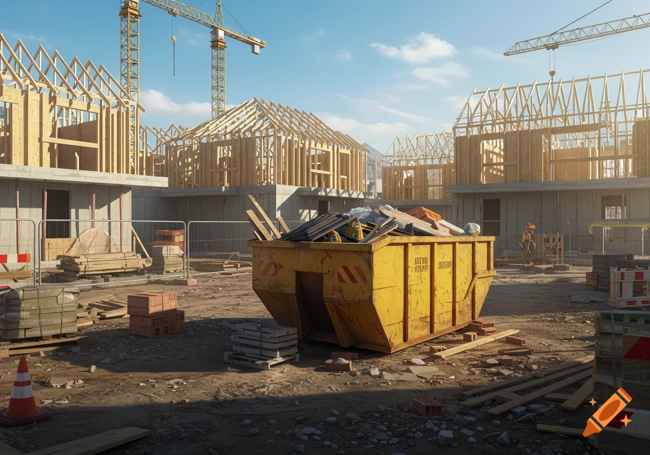 A photorealistic outdoor view of a residential construction site with a yellow dumpster, wooden house frames, and cranes under a sunny sky.