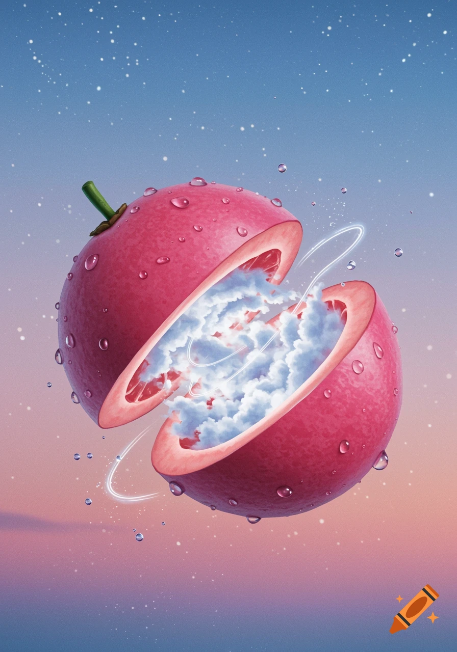 A pink, spherical fruit, possibly a mangosteen, cut open with white clouds spilling out. Water droplets are visible on the fruit, set against a blue and pink gradient sky with faint stars.