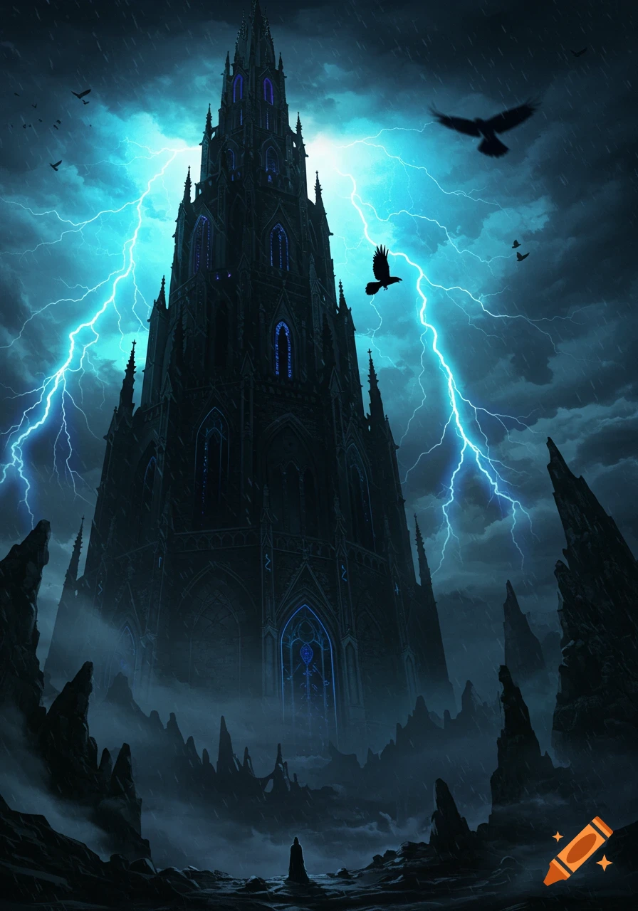 A tall, dark gothic tower illuminated by bright blue lightning during a stormy night, with crows flying around and a small figure below.