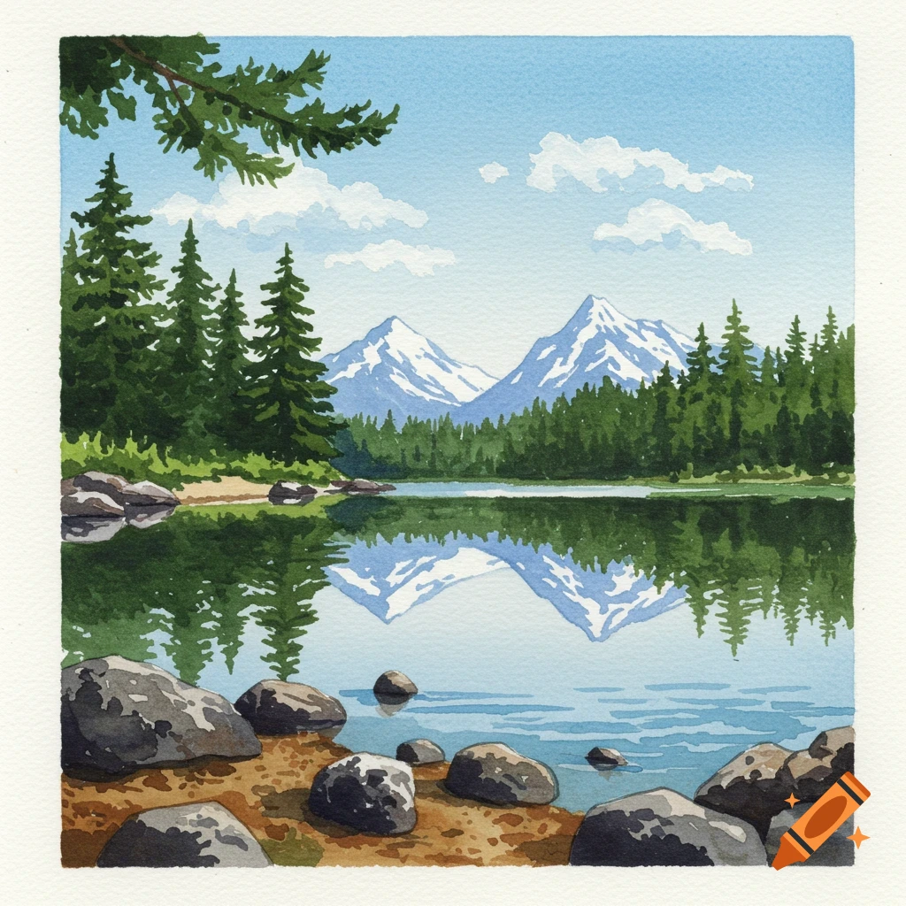 A watercolor painting of a serene lake surrounded by pine trees with snow-capped mountains in the background.