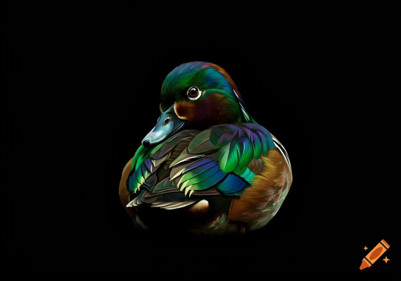 A colorful duck with iridescent green, blue, and brown feathers against a black background.