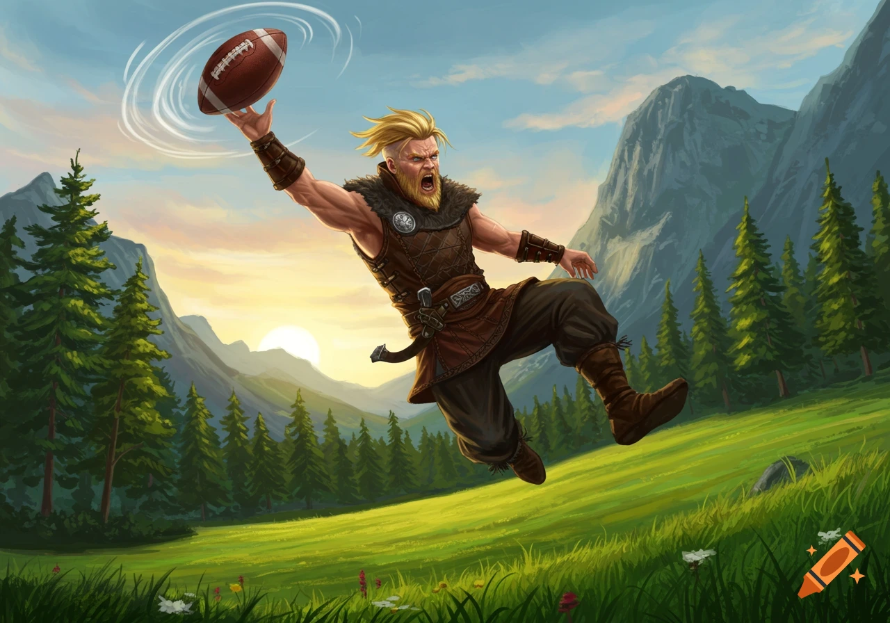 A blonde Viking in armor leaps, holding a football, in a sunny mountain landscape. Illustrated painting style.