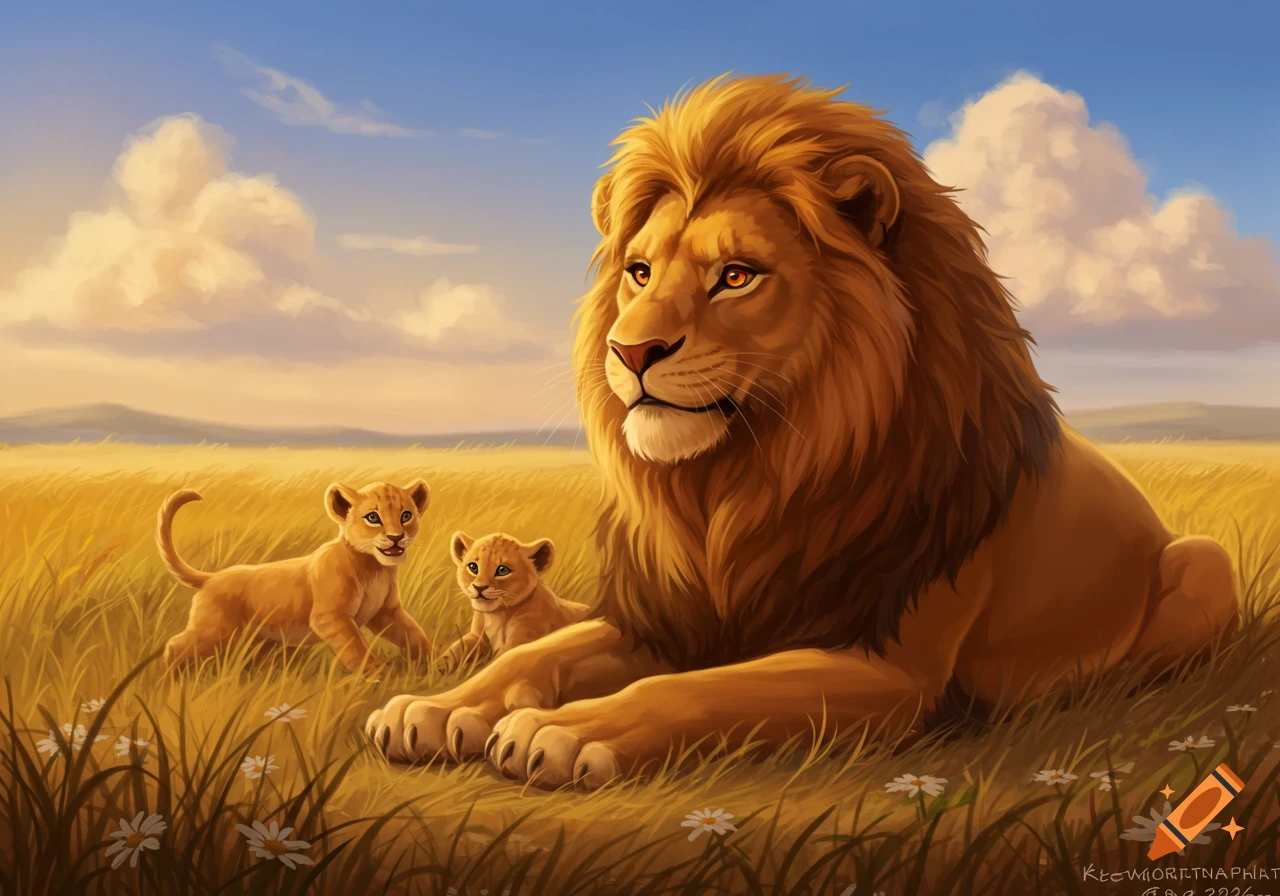A male lion lies in a sunlit grassy field with two small cubs, in a digital painting.