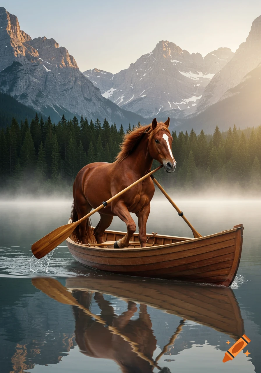 A chestnut horse stands in a wooden boat, holding two oars, on a misty lake surrounded by mountains and pine trees at sunrise.