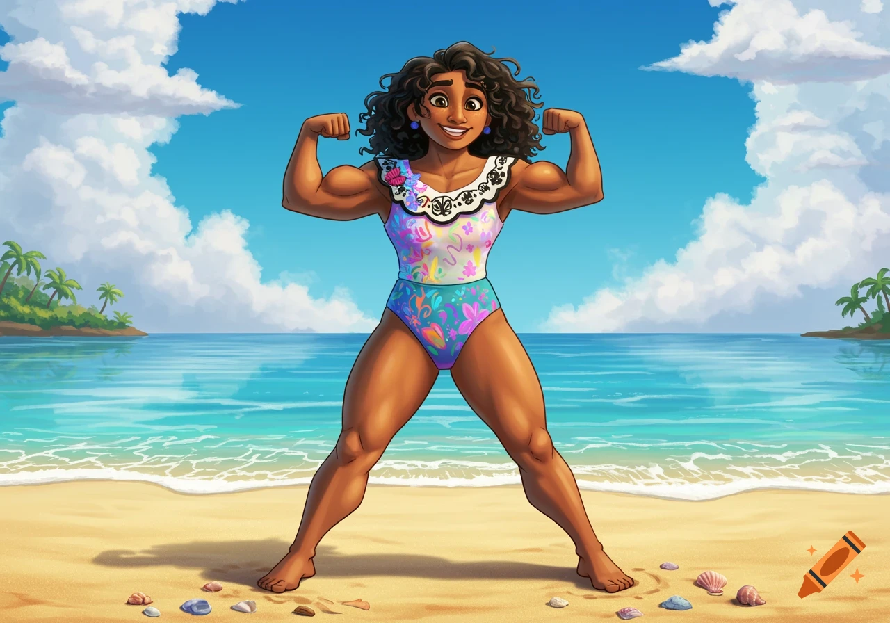 Mirabel from Encanto flexing her muscular arms on a sunny beach in a colorful swimsuit, cartoon style.