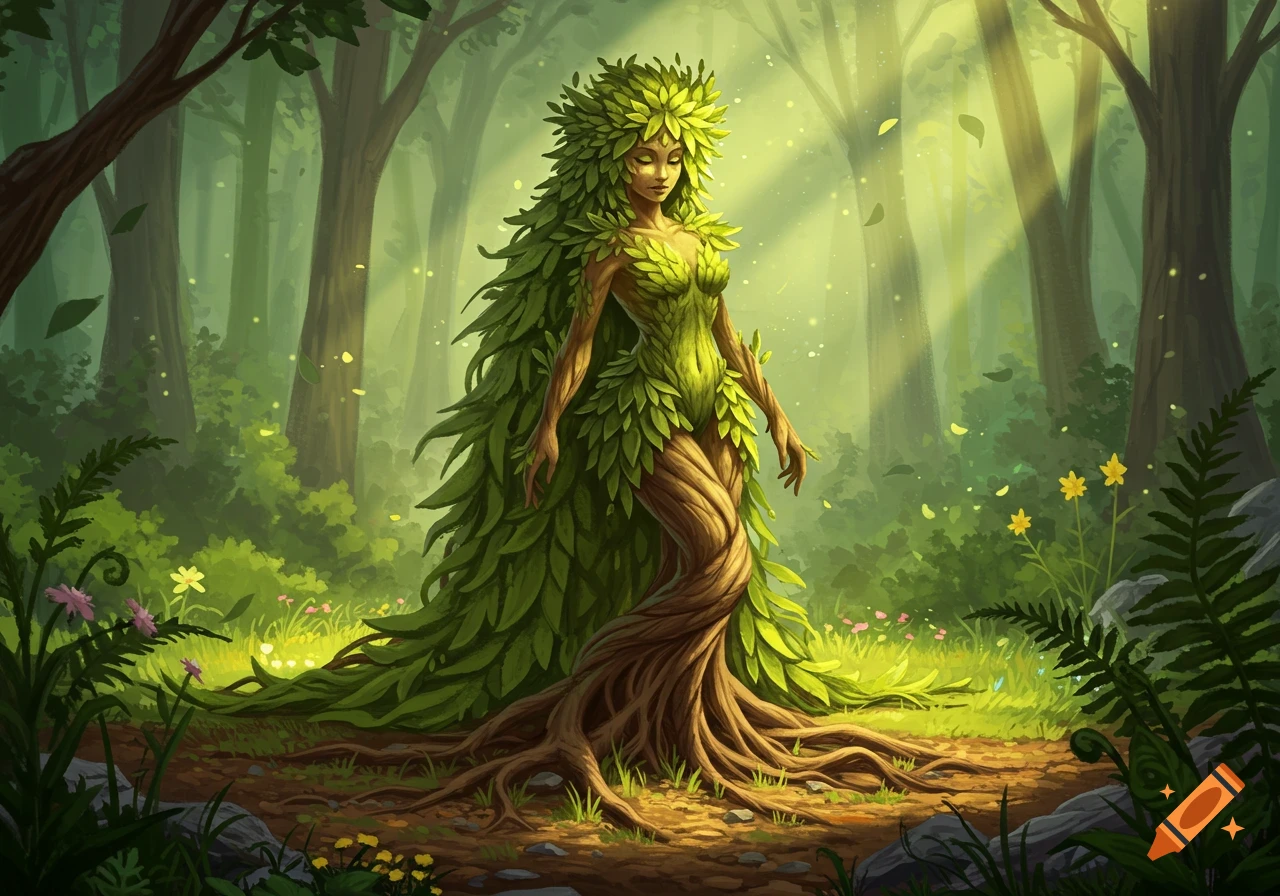 A female forest spirit with a body made of leaves and roots stands in a sunlit, vibrant green forest.