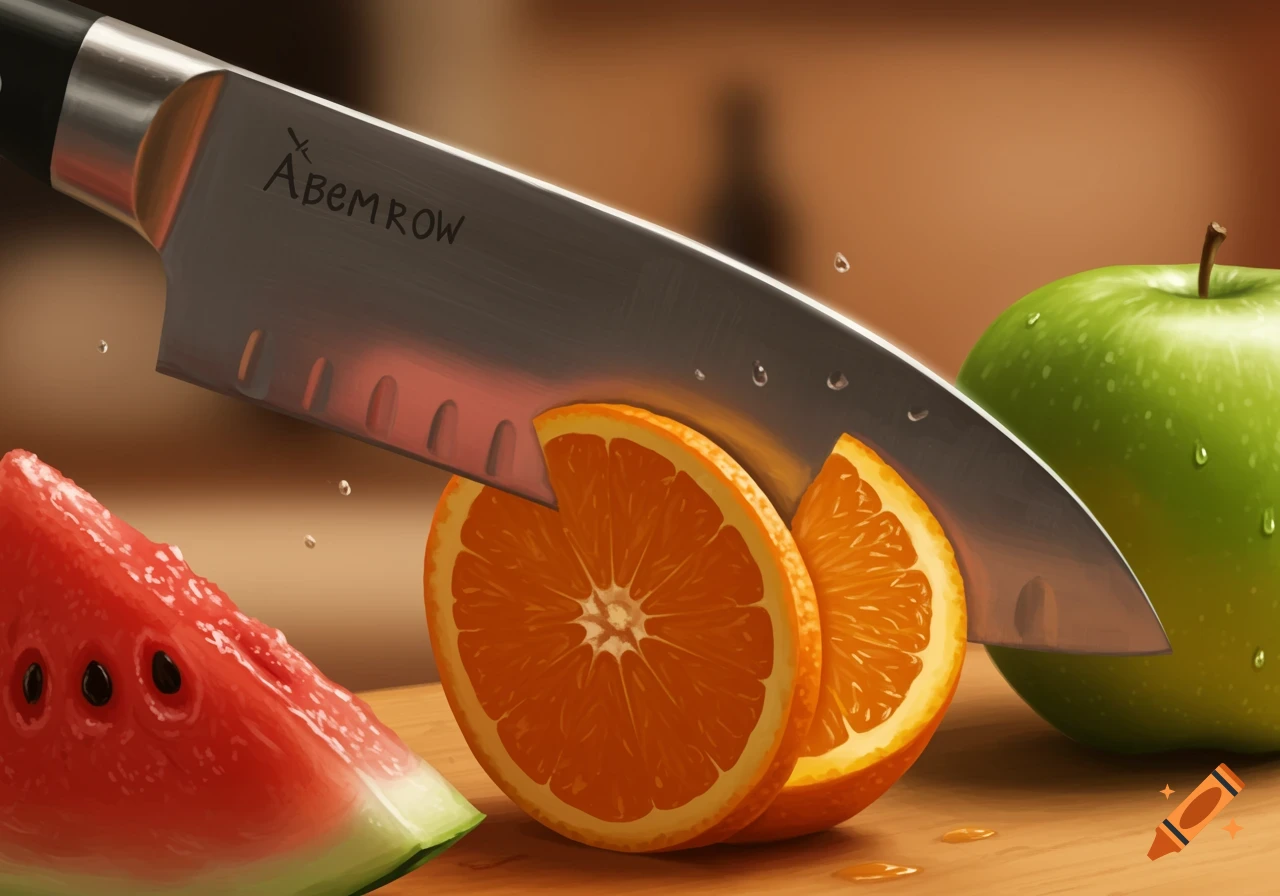 A chef knife slices an orange on a cutting board, with watermelon and a green apple nearby, in a detailed, painterly style.