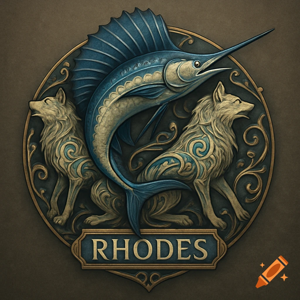 An ornate circular emblem featuring a blue sailfish above two stylized wolves, with 'RHODES' in a banner below.
